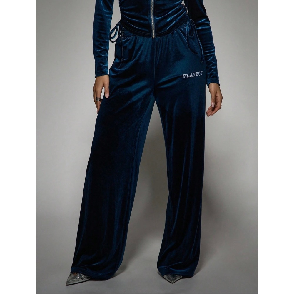 Playboy x Missguided Pants Women Small Blue Velour Rhinestone Bunny Y2K Wide Leg